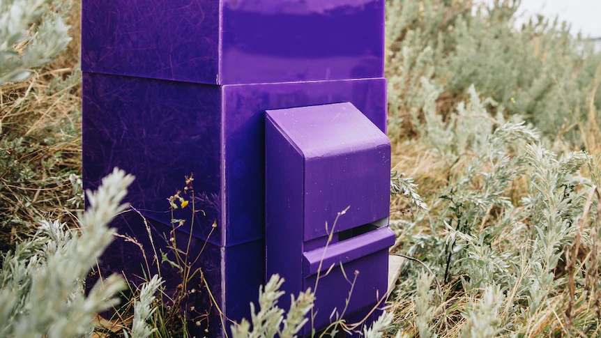 A purple bee hive with a purple box attached to the front.