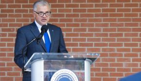 Del Mar College President and CEO Mark Escamilla speaks during the Gulf Coast Growth Ventures signage reveal event Monday, Oct. 25, 2021.