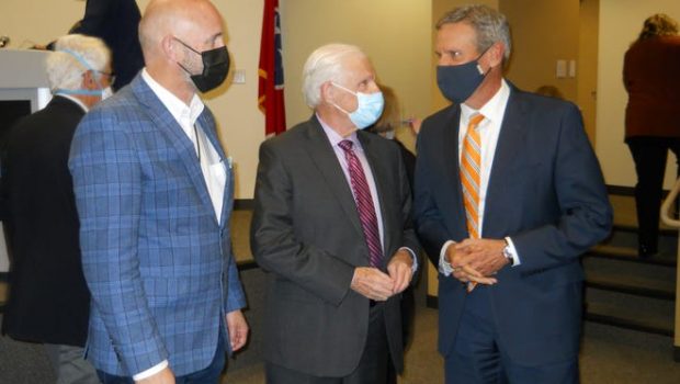 Oak Ridge City Council member Jim Dodson, from left, and Tennessee Sen. Ken Yager, R-Kingston, talk to Tennessee Gov. Bill Lee at an event at New Hope Center before the groundbreaking for a new training center that will help first responders train for nuclear situations.