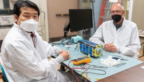 From left: Hyeongjun Park, assistant professor in the Department of Mechanical and Aerospace Engineering and Steven Stochaj, interim department head of the Department of Electrical and Computer Engineering are leading a team of students on a Northrop Grumman sponsored project to develop methods to help CubeSats with autonomous docking.