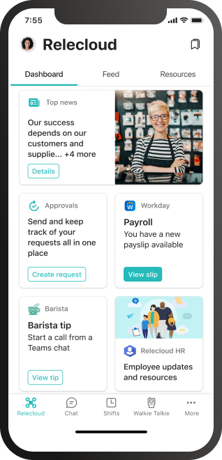 A mobile device showing Viva Connections with new partner dashboard cards for Workday and Espressive Barista. 