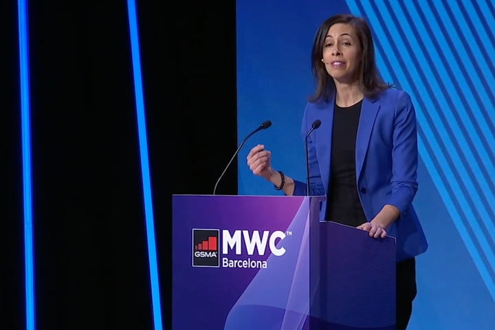 FCC Chairwoman Jessica Rosenworcel speaking at Mobile World Congress 2022 in Barcelona.