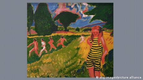 An abstract painting in which a woman in a striped bathing suit is in the foreground with five naked people running in the background 