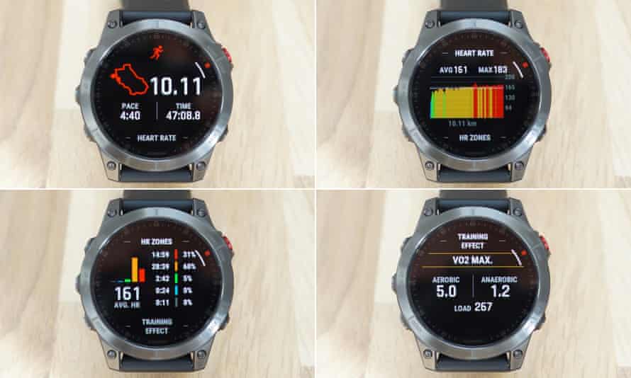 the post-run screens showing stats on heart rate, pace and fitness on a Garmin Epix