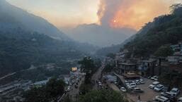 Fire engulfs Trikuta hills, abode of Vaishno Devi shrine, in Reasi district of Jammu and Kashmir on Sunday. (PTI)