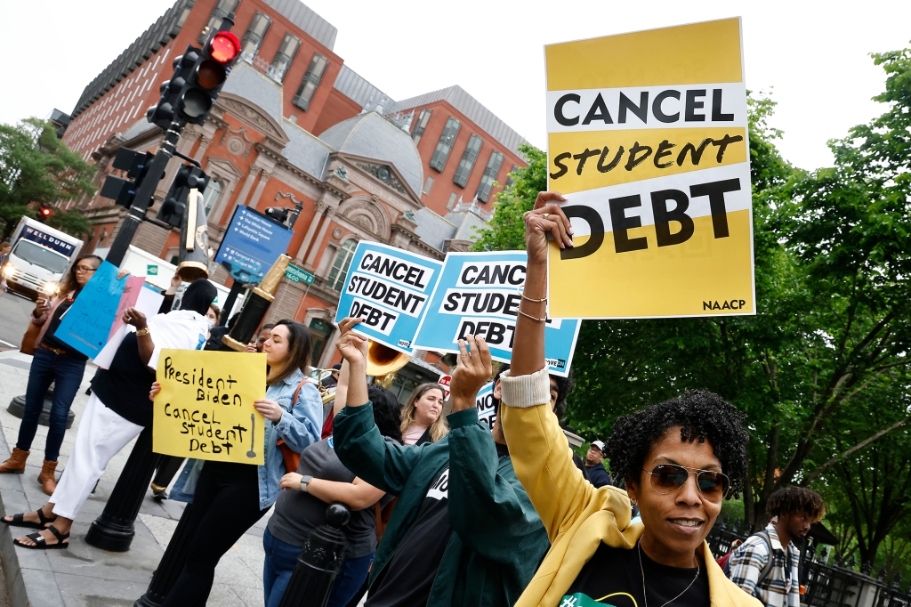 Student loan borrowers gather near The White House to tell President Biden to cancel student debt.