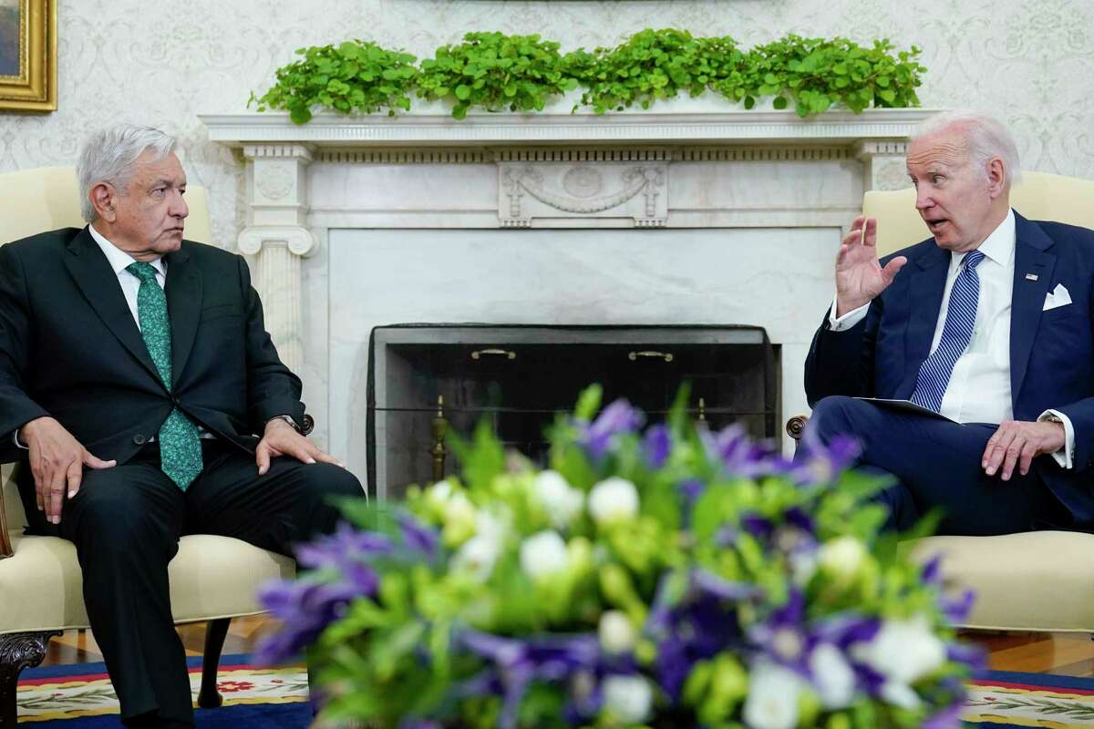 President Joe Biden speaks as he meets with Mexican President Andrés Manuel López Obrador in the Oval Office of the White House in Washington, Tuesday, July 12, 2022.