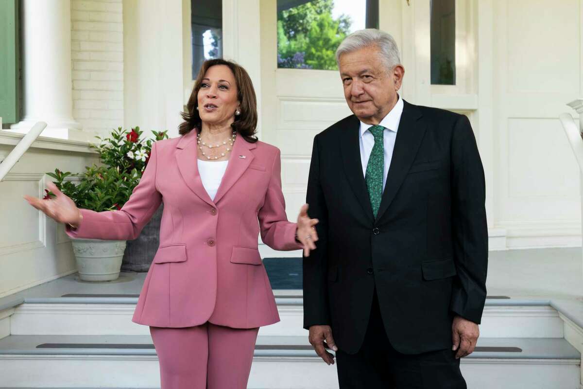 Vice President Kamala Harris welcomes Mexican President Andres Manuel Lopez Obrador, at the vice president's official residence in Washington, Tuesday, July 12, 2022.