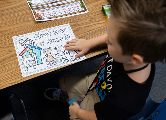 Patronis Elementary School student Bryce Chapman looks over his first day of school coloring assignment in his kindergarten class on Wednesday.