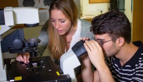 Two people look at a slide on a microscope