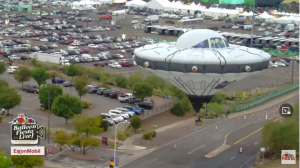 Flying Saucer-shaped baloon - Screenshot from livestream of Albuquerque Balloon Fiesta - clown special shapes Thursday October 6 2022