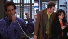 Split image of Jerry on the phone and Kramer and Elaine at a video store in Seinfeld