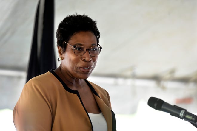 Segrid Harris, deputy director of the Air Force Research Lab's Munitions Directorate, speaks during a ceremony Thursday unveiling a new $135 million Advanced Munitions Technology Complex at Eglin Air Force Base Thursday.