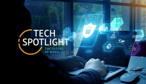 Tech Spotlight   >   The Future of Work [CSO]   >   Laptop user with virtual security overlay.