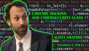 Scott Shapiro on a background of code. Highlighted letters read: Lawfare hacking and cybersecurity class, Scott Shapiro, Tuesdays @ 7PM ET, Patreon.com/lawfare