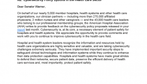 AHA Letter to Senator Warner on Cybersecurity Policy Options in the Health Care Sector