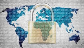 binary world map and cybersecurity lock