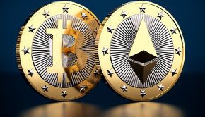 Two golden coins - Bitcoin and Ethereum
