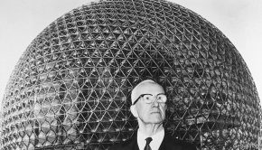 The architect stands in front of his creation, a geodesic dome which acts as the US pavilion at the 1967 World's Fair