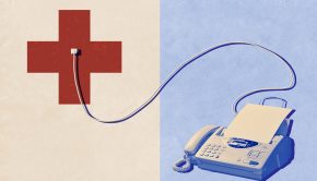 A fax machine and a health care symbol are seen connected in this photo illustration.