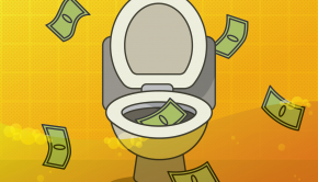 An illustration of a cartoon toilet with dollar bills floating in and around it. It is placed on a gradient yellow background.