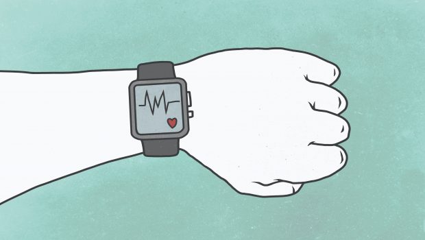 illustration of an arm with a smart watch tracking a heart beat on the wrist