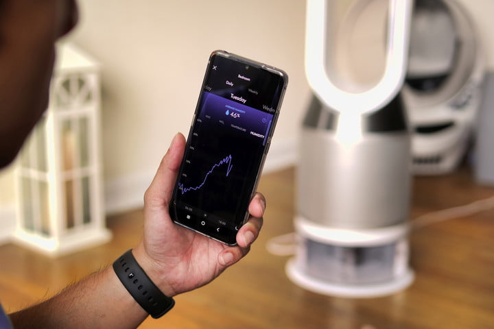 A person holds a phone displaying air quality data in front of the Dyson Pure Humidify Cool.