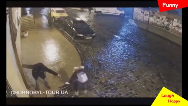 Humorous moment  Security camera catch women slip on ice