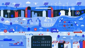 Flat vibrant vector illustration showing more connected world using 5G wireless technology in different fields: clean green energy, smart city, smart industry, smart transport, smart agriculture using drones and smart home segment.