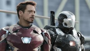 Robert Downey, Jr. as Iron Man (left) and Don Cheadle as War Machine (right)