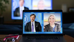 Larry Jameson and Jennifer Doudna appear on a laptop screen