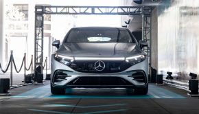 Mercedes-Benz showcases its Intelligent Park Pilot technology in Los Angeles, demonstrating an EQS autonomously valet itself