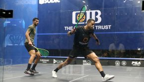 The new ASB GlassFloor technology made its first appearance of this season at the Egyptian Open during a match between Mazen Hesham, left, and Mostafa Asal, right ©PSA