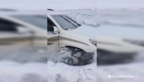 Scary moment shows ice crack as couple drives on frozen lake