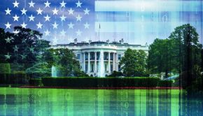 USA / United States of America stars + stripes and binary code superimposed over The White House