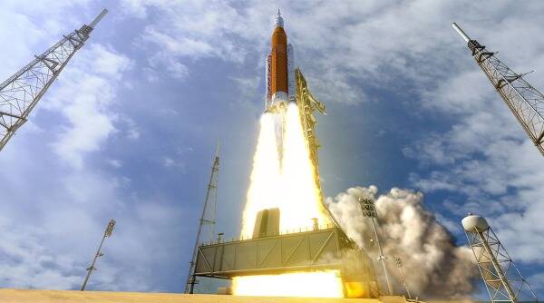 A render of the SLS rocket and Orion spacecraft taking off for the Artemis I mission.
