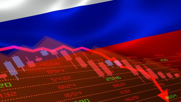 A composite of Russian stock exchange market chart with Russian flag