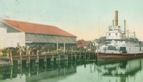 A postcard painting of the Steamer "Gold" at wharf in Petaluma (COURTESY CALIFORNIA STATE LIBRARY)