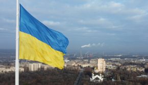 The national flag of Ukraine flies over the town of Kramatorsk