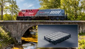 A composite image in which a photograph of an advanced battery is on top of a photo of a train crossing a bridge.